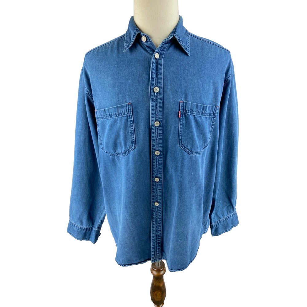 Vtg 90s Y2K LEVIS Red Tab Metal Buttons Denim Jean Shirt Mens L Long Sleeve